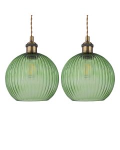 Set of 2 Betchley - Antique Brass Braided Pendants with Green Shade