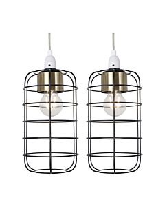 Set of 2 Cage - Black and Antique Brass Industrial Style Easy Fit Pendant Shade