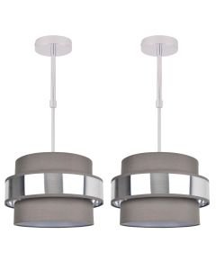 Pair of 2 Tier Grey Fabric & Brushed Silver Plated Banded Ceiling Adjustable Flush Shade