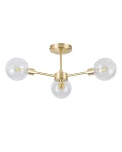 Toner - Satin Brass with Clear Glass Globes 3 Light Flush Ceiling Light