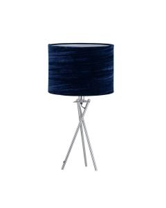 Chrome Tripod Table Lamp with Navy Blue Crushed Velvet Shade