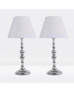 Set of 2 Chrome Plated Bedside Table Light with Candle Column White Fabric Shade