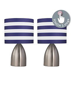 Set of 2 Valentina - Brushed Chrome Touch Lamps with White & Blue Striped Shades