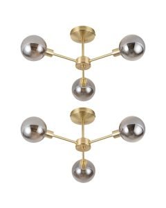 Set of 2 Toner - Satin Brass with Smoke Glass Globes 3 Light Flush Ceiling Lights