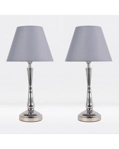Set of 2 Chrome Plated Bedside Table Light with Curved Column Grey Fabric Shade