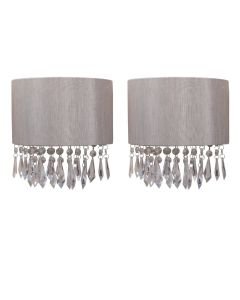 Set of 2 Jewelled Silver Grey Fabric Wall Lights With Clear Beaded Crystal Style Strings