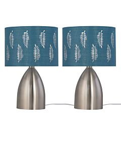 Set of 2 Valentina - Brushed Chrome Touch Lamps with Teal Fern Shades