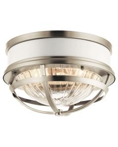 Quintiesse - Tollis - QN-TOLLIS-F-BN - Brushed Nickel White Clear Ribbed Glass 2 Light Flush Ceiling Light