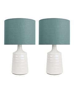 Set of 2 Ripple - Off White Ribbed Ceramic Table Lamps with Teal Fabric Shades