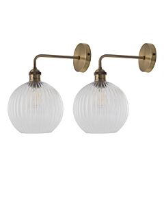 Set of 2 Isaac - Antique Brass Wall Lights with Clear Ribbed Shades