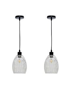 Set of 2 Birch - Clear Fluted Glass with Black Pendant Fittings