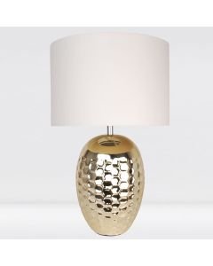 Textured Ceramic Bedside Table Light with Pale Gold Plated Finish and White Textured Cotton Fabric Shade