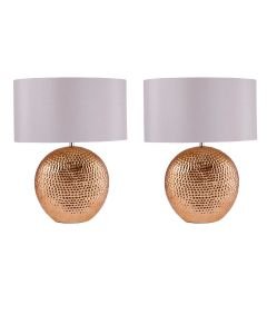 Set of 2 Dimpled Textured Oval Copper Plated Ceramic Bedside Table Light Base with Grey Faux Silk Oval Fabric Shade