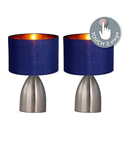 Set of 2 Valentina - Brushed Chrome Touch Lamps with Navy Blue Gold Shades