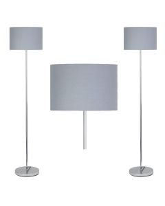 Set of 2 Chrome Stick Floor Lamps with Grey Cotton Shades