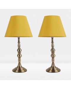 Set of 2 Antique Brass Plated Bedside Table Light with Candle Column Ochre Fabric Shade