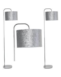 Set of 2 Chrome Arched Floor Lamps with Grey Crushed Velvet Shades