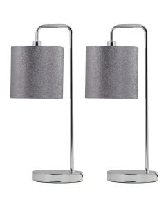 Set of 2 Chrome Arched Table Lamps with Grey Glitter Shades