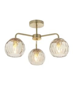 Endon Lighting - Dimple - 91968 - Satin Brass Clear Champagne Glass 3 Light Flush Ceiling Light