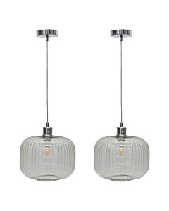 Set of 2 Batley Large - Clear Ribbed Glass with Chrome Pendant Fittings