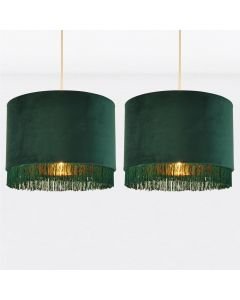 Set of 2 Spruce Green Velvet With Gold Inner Tassled Light Shades