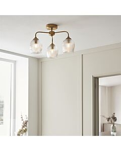 Endon Lighting - Ashcroft - 120617 - Aged Brass Clear Ribbed Glass 3 Light Flush Ceiling Light