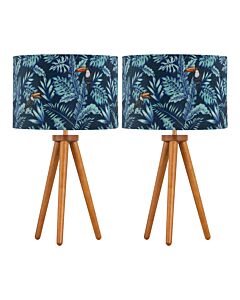 Set of 2 Dark Oak Table Lamp or Bedside Lights with Toucan Shades