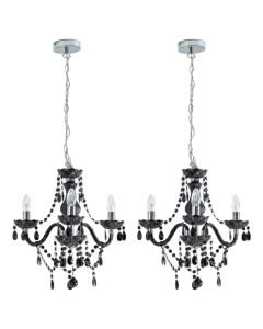 Set of 2 Marie Therese - Black and Chrome with Acrylic Jewels 3 Arm Chandeliers