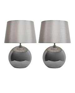 Set of 2 Ball - Smoked Glass Table Lamps with Grey Fabric Shades