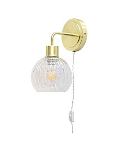 Toby - Satin Brass Plug in Wall Light with Betchley Clear Ribbed Shade