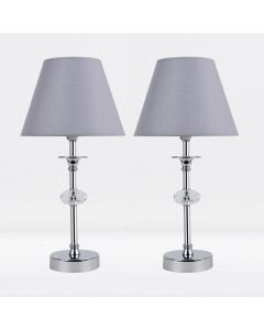 Set of 2 Chrome Plated Stacked Bedside Table Light Faceted Acrylic Detail Grey Fabric Shade
