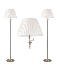 Set of 2 Antique Brass Swing Arm Floor Lamps with White Pleated Shades