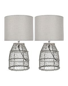Set of 2 Bamboo - Grey Wash Bamboo 36cm Table Lamps With Grey Fabric Shades