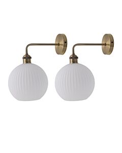 Set of 2 Isaac - Antique Brass Wall Lights with White Ribbed Shades
