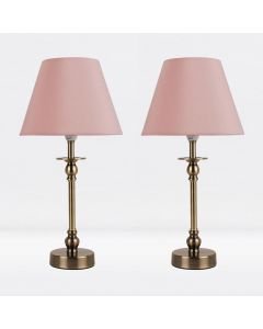 Set of 2 Antique Brass Plated Bedside Table Light with Ball Detail Column Blush Pink Fabric Shade