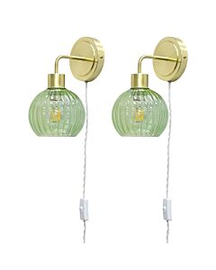 Set of 2 Toby - Satin Brass Plug in Wall Lights Green Ribbed Shades
