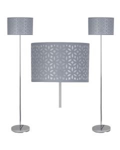 Set of 2 Chrome Stick Floor Lamps with Grey Laser Cut Shades