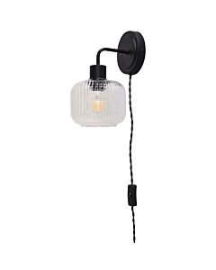 Toby - Black Plug in Wall Light with Batley Ribbed Glass Shade