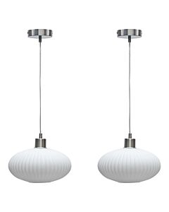 Set of 2 Baton - White Ribbed Oval Glass with Satin Nickel Pendant Fittings