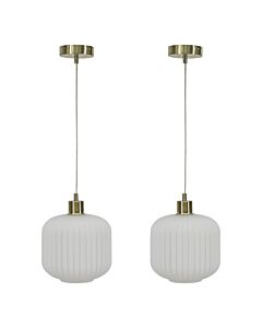Set of 2 Bento - White Ribbed Glass with Satin Brass Pendant Fittings