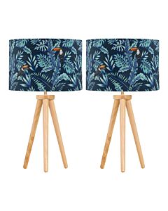 Set of 2 Light Oak Table Lamp Bedside Lights with Toucan Velvet Shades