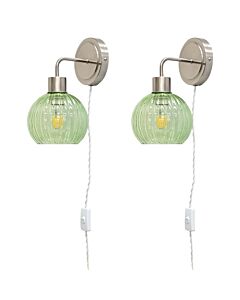 Set of 2 Toby - Satin Nickel Plug in Wall Lights Green Shades