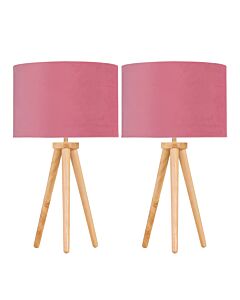 Set of 2 Light Oak Table Lamp or Bedside Lights with Flamingo Shades