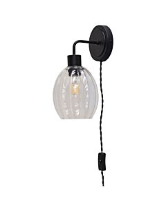 Toby - Black Plug in Wall Light with Birch Fluted Glass Shade