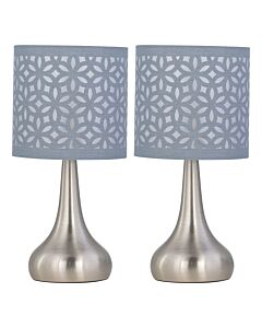 Set of 2 Romana - Brushed Chrome Touch Operated Table Lamps Bedside Lights Grey Laser Cut Shade
