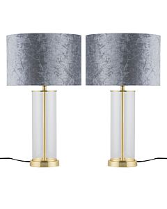 Set of 2 Aura - Satin Brass Lamps with Grey Crushed Velvet Shades