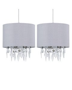 Set of 2 Fiji - Grey Linen with Silver Fleck Detail Jewelled Pendant Shades