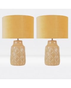 Set of 2 Peacock Glazed Ceramic Lamps with Ochre Velour Shade
