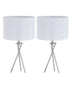 Set of 2 Chrome Tripod Table Lamps with White Laser Cut Shades