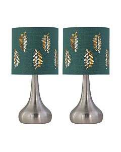 Set of 2 Romana - Brushed Chrome Touch Operated Table Lamps Bedside Lights Dark Green Fern Shade